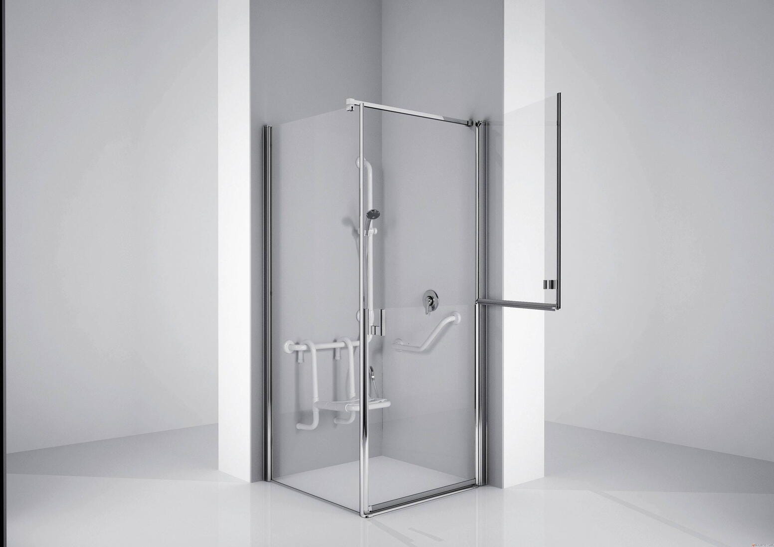 FREE G+F - Porte pivotante ouvrable à mi-hauteur et paroi fixe latérale en angle avec barre de renfort et poignées chromées - Hauteur : 190 cm - Ep. du verre : 6 mm