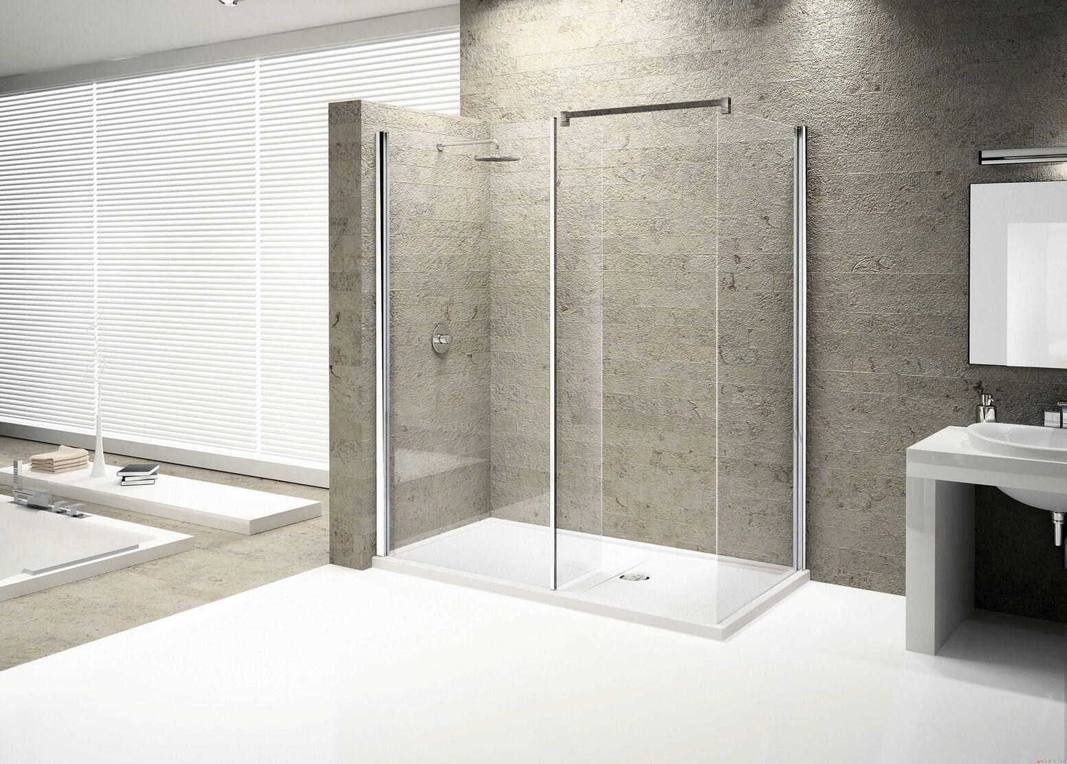 KUADRA-H7 - Espace douche 2 côtés réversibles avec paroi mobile 15 cm - Accès ouvert entre 2 parois fixes constituant un passage de 60 cm - Hauteur : 200 cm - Ep. du verre : 8 mm