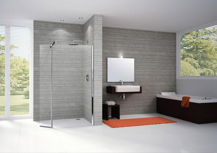 GO 9 - Paroi fixe angulaire + porte pivotante - Hauteur : 195 cm - Ep. du verre : 6 mm