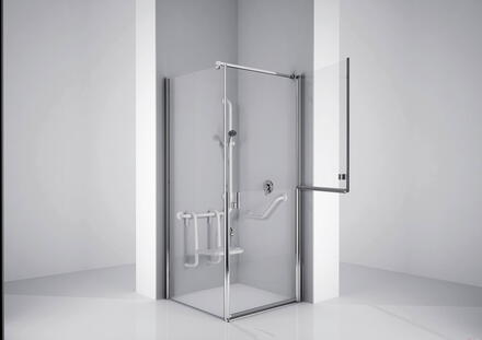 FREE G+F - Porte pivotante ouvrable à mi-hauteur et paroi fixe latérale en angle avec barre de renfort et poignées chromées - Hauteur : 190 cm - Ep. du verre : 6 mm