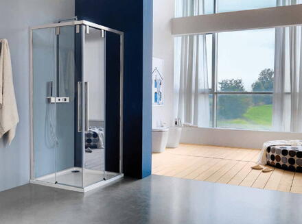 ACRUX ATELIER - Accès d'angle 80 cm, 2 portes coulissantes et 2 parois fixes - Hauteur : 200 cm - Ep. du verre : 8 mm pour la porte coulissante et 6 mm pour la partie fixe