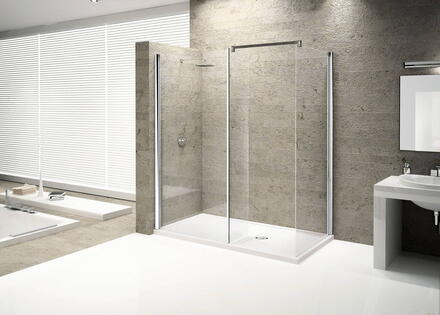 KUADRA-H7 - Espace douche 2 côtés réversibles avec paroi mobile 15 cm - Accès ouvert entre 2 parois fixes constituant un passage de 60 cm - Hauteur : 200 cm - Ep. du verre : 8 mm